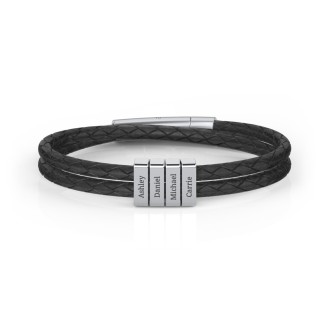 Men’s Engravable Sterling Silver Vertical 4-Bar Leather Bracelet