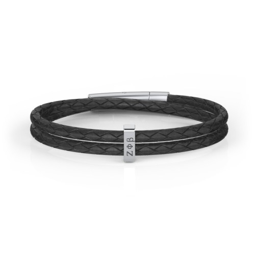 Men’s Engravable Vertical Bar and Leather Fraternity Bracelet – Sterling Silver