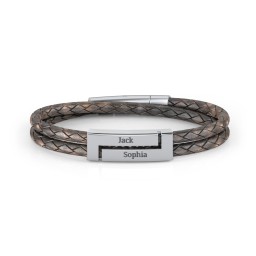 Men’s Antique Brown Leather Sterling Silver Engravable Rectangle Bracelet in 925 Sterling Silver