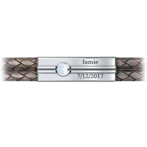 Men’s Antique Brown Leather Sterling Silver Engravable Gemstone Rectangle Bracelet