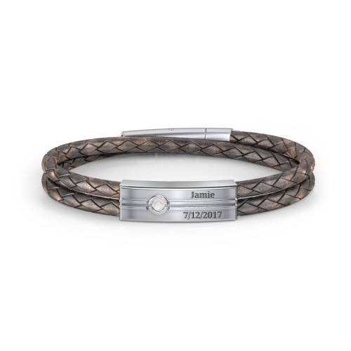 Men’s Antique Brown Leather Sterling Silver Engravable Gemstone Rectangle Bracelet