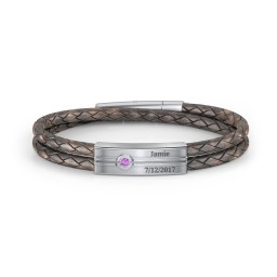 Men’s Antique Brown Leather Sterling Silver Engravable Gemstone Rectangle Bracelet in 925 Sterling Silver with Amethyst