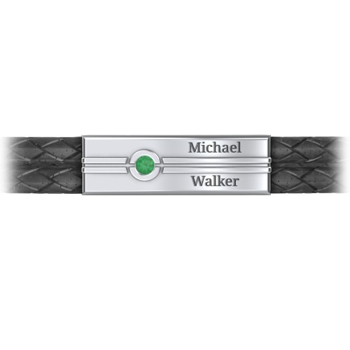 Men’s Black Leather Sterling Silver Engravable Gemstone Rectangle Bracelet – Sterling Silver with Emerald