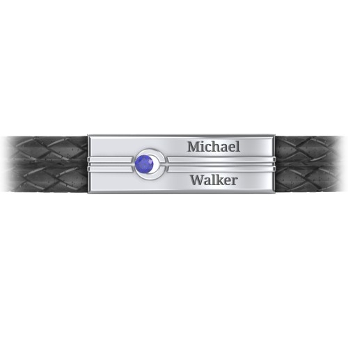 Men’s Black Leather Sterling Silver Engravable Gemstone Rectangle Bracelet