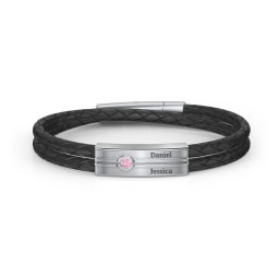 Men’s Black Leather Sterling Silver Engravable Gemstone Rectangle Bracelet in 925 Sterling Silver with Pink Tourmaline