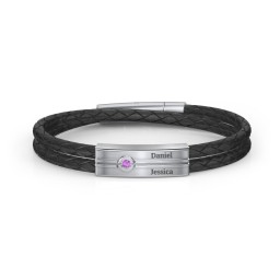 Men’s Black Leather Sterling Silver Engravable Gemstone Rectangle Bracelet in 925 Sterling Silver with Amethyst