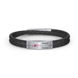 Men’s Black Leather Sterling Silver Engravable Gemstone Rectangle Bracelet in 925 Sterling Silver with Ruby