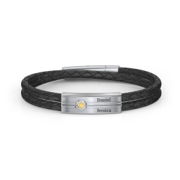 Men’s Black Leather Sterling Silver Engravable Gemstone Rectangle Bracelet in 925 Sterling Silver with Citrine
