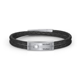 Men’s Black Leather Sterling Silver Engravable Gemstone Rectangle Bracelet in 925 Sterling Silver with Diamond