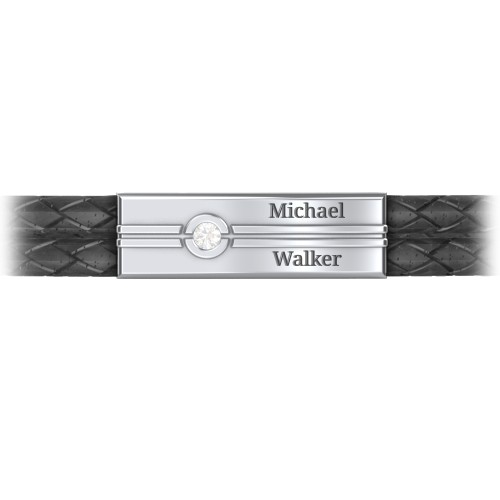 Men’s Black Leather Sterling Silver Engravable Gemstone Rectangle Bracelet – Sterling Silver with Cubic Zirconia