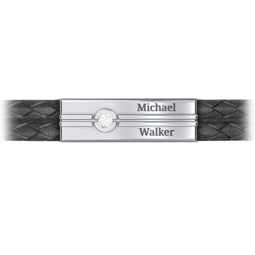 Men’s Black Leather Sterling Silver Engravable Gemstone Rectangle Bracelet – Sterling Silver with Diamond