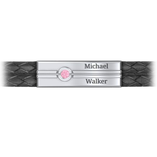 Men’s Black Leather Sterling Silver Engravable Gemstone Rectangle Bracelet – Sterling Silver with Pink Tourmaline