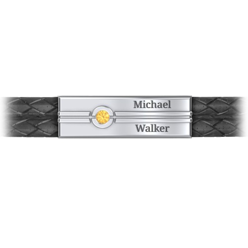 Men’s Black Leather Sterling Silver Engravable Gemstone Rectangle Bracelet – Sterling Silver with Citrine