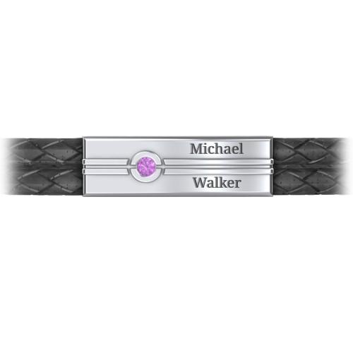 Men’s Black Leather Sterling Silver Engravable Gemstone Rectangle Bracelet – Sterling Silver with Amethyst