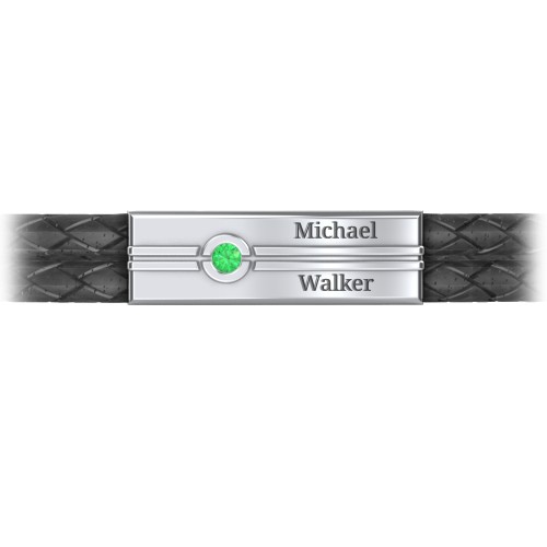 Men’s Black Leather Sterling Silver Engravable Gemstone Rectangle Bracelet – Sterling Silver with Emerald