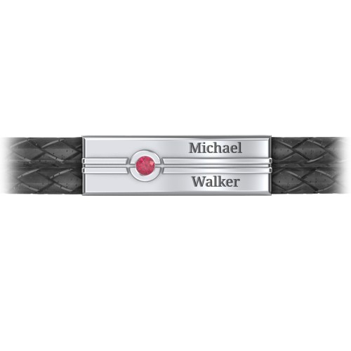 Men’s Black Leather Sterling Silver Engravable Gemstone Rectangle Bracelet – Sterling Silver with Ruby