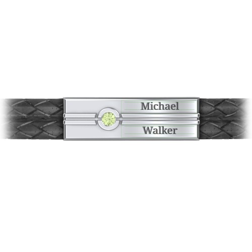 Men’s Black Leather Sterling Silver Engravable Gemstone Rectangle Bracelet – Sterling Silver with Peridot