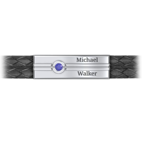 Men’s Black Leather Sterling Silver Engravable Gemstone Rectangle Bracelet – Sterling Silver with Blue Sapphire