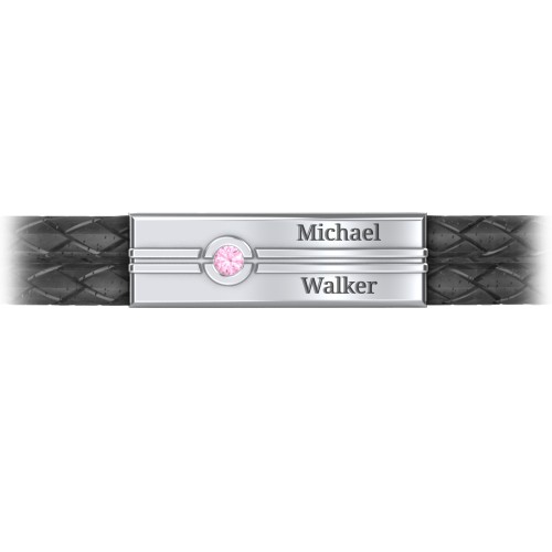 Men’s Black Leather Sterling Silver Engravable Gemstone Rectangle Bracelet – Sterling Silver with Pink Tourmaline