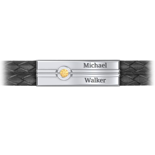Men’s Black Leather Sterling Silver Engravable Gemstone Rectangle Bracelet – Sterling Silver with Citrine