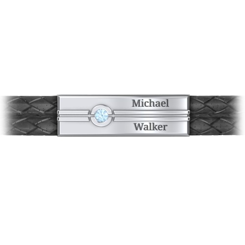 Men’s Black Leather Sterling Silver Engravable Gemstone Rectangle Bracelet – Sterling Silver with Blue Topaz