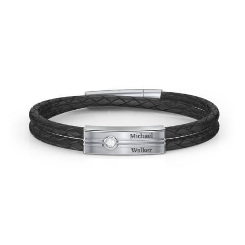Men’s Black Leather Sterling Silver Engravable Gemstone Rectangle Bracelet – Sterling Silver with Cubic Zirconia