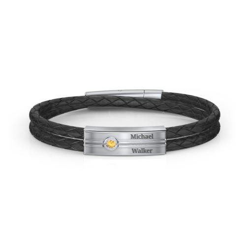 Men’s Black Leather Sterling Silver Engravable Gemstone Rectangle Bracelet – Sterling Silver with Citrine