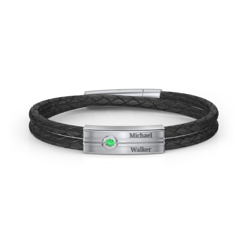 Men’s Black Leather Sterling Silver Engravable Gemstone Rectangle Bracelet – Sterling Silver with Emerald