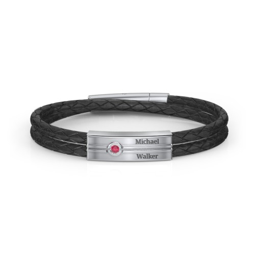 Men’s Black Leather Sterling Silver Engravable Gemstone Rectangle Bracelet – Sterling Silver with Ruby