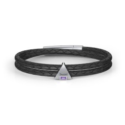 Men’s Leather Sterling Silver Engravable Gemstone Triangle Bracelet in 925 Sterling Silver with Amethyst, Blue Sapphire, Smokey Quartz, and Blue Topaz