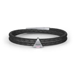 Men’s Leather Sterling Silver Engravable Gemstone Triangle Bracelet in 925 Sterling Silver with Pink Tourmaline, Blue Sapphire, Smokey Quartz, and Blue Topaz