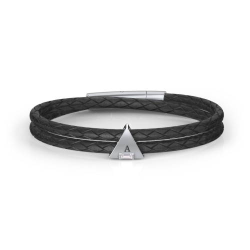 Men’s Leather Sterling Silver Engravable Gemstone Triangle Bracelet – Sterling Silver with Cubic Zirconia
