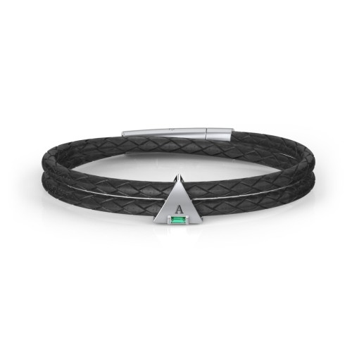 Men’s Leather Sterling Silver Engravable Gemstone Triangle Bracelet – Sterling Silver with Emerald