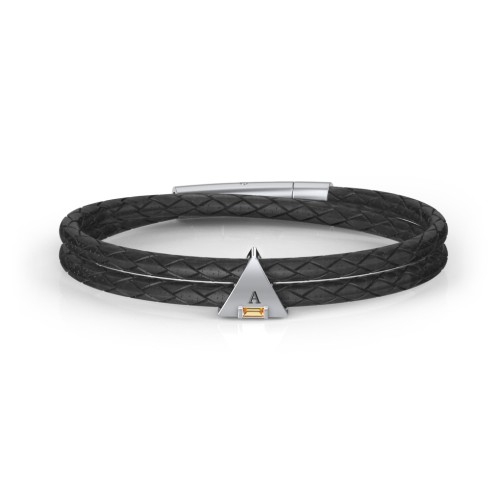 Men’s Leather Sterling Silver Engravable Gemstone Triangle Bracelet – Sterling Silver with Citrine