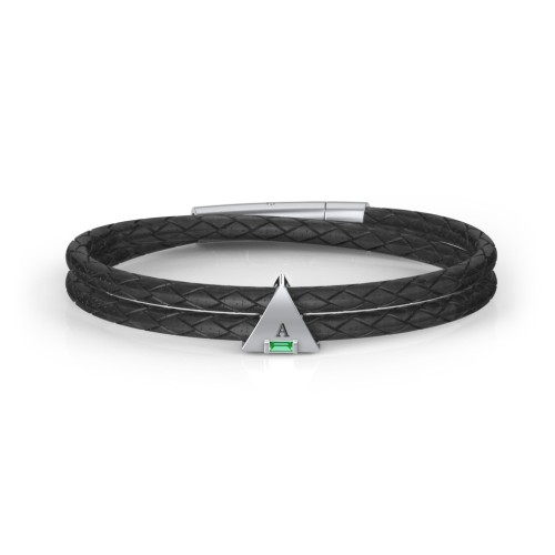Men’s Leather Sterling Silver Engravable Gemstone Triangle Bracelet – Sterling Silver with Emerald