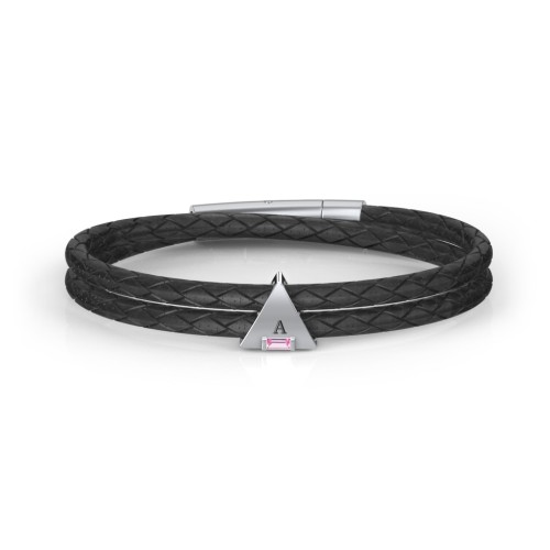 Men’s Leather Sterling Silver Engravable Gemstone Triangle Bracelet – Sterling Silver with Pink Tourmaline