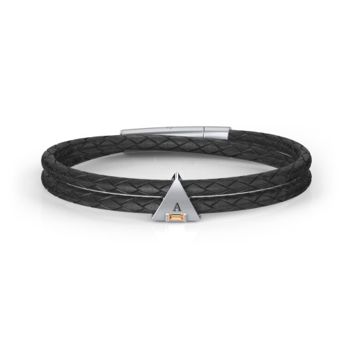 Men’s Leather Sterling Silver Engravable Gemstone Triangle Bracelet – Sterling Silver with Citrine