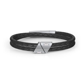 Men’s Leather Sterling Silver 2 Engravable Gemstone Triangle Bracelet