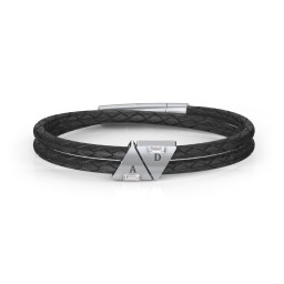 Men’s Leather Sterling Silver 2 Engravable Gemstone Triangle Bracelet in 925 Sterling Silver with Diamond, Smokey Quartz, and Blue Topaz