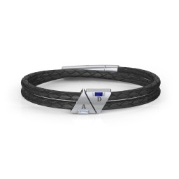 Men’s Leather Sterling Silver 2 Engravable Gemstone Triangle Bracelet in 925 Sterling Silver with Aquamarine, Blue Sapphire, Smokey Quartz, and Blue Topaz