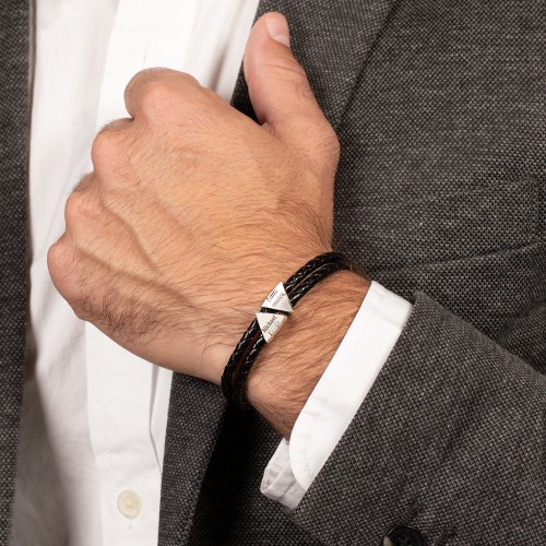 Men’s Leather Sterling Silver 2 Engravable Gemstone Triangle Bracelet – Sterling Silver with Aquamarine and Blue Sapphire