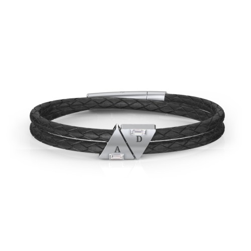 Men’s Leather Sterling Silver 2 Engravable Gemstone Triangle Bracelet – Sterling Silver with Diamond