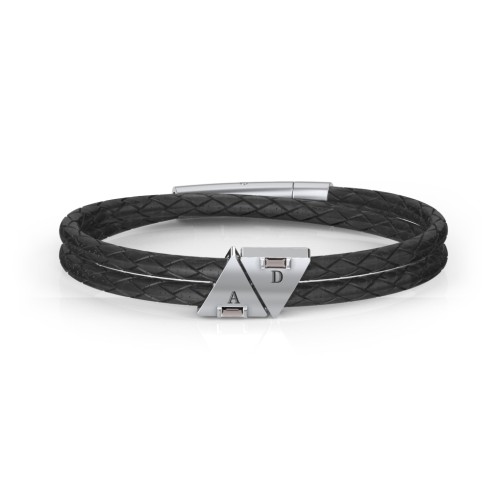 Men’s Leather Sterling Silver 2 Engravable Gemstone Triangle Bracelet – Sterling Silver with Smokey Quartz