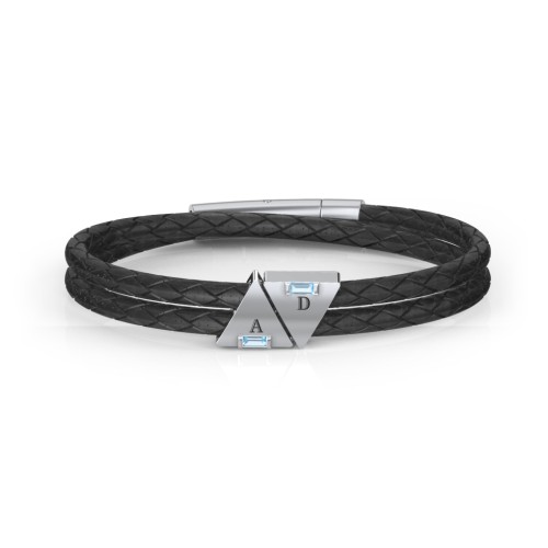 Men’s Leather Sterling Silver 2 Engravable Gemstone Triangle Bracelet – Sterling Silver with Blue Topaz