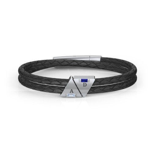 Men’s Leather Sterling Silver 2 Engravable Gemstone Triangle Bracelet – Sterling Silver with Aquamarine and Blue Sapphire