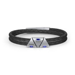 Men’s Leather Sterling Silver 3 Engravable Gemstone Triangle Bracelet in 925 Sterling Silver