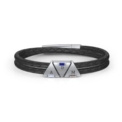 Men’s Leather Sterling Silver 3 Engravable Gemstone Triangle Bracelet – Sterling Silver with Aquamarine, Blue Sapphire, and Smokey Quartz