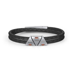 Men’s Leather Sterling Silver 3 Engravable Gemstone Triangle Bracelet in 925 Sterling Silver with Garnet and Blue Topaz