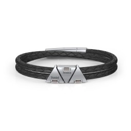 Men’s Leather Sterling Silver 3 Engravable Gemstone Triangle Bracelet in 925 Sterling Silver with Smokey Quartz and Blue Topaz