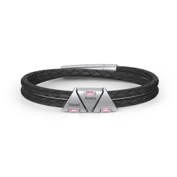 Men’s Leather Sterling Silver 3 Engravable Gemstone Triangle Bracelet in 925 Sterling Silver with Pink Tourmaline and Blue Topaz